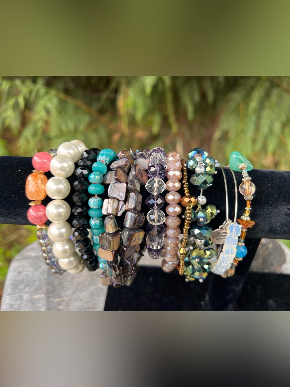 Lot of 11 - Beaded Stretch Bracelet Stack - Turquoise, Pearl & Metallic Accents